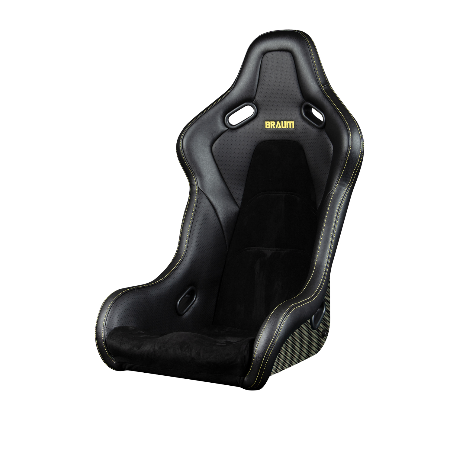 Braum ® - Black Alcantara & Leatherette W/ Yellow Stitching FALCON-S Series Fixed Back Carbon Kevlar Composite FRP Bucket Single Seat (BRR9S-BKCK) - Main Image