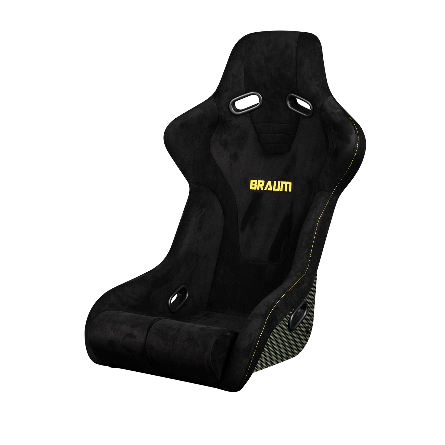 Braum ® - Black Alcantara W/ Yellow Stitching FALCON-R Series Fixed Back Carbon Kevlar Composite FRP Bucket Single Seat (BRR9-BSCK) - Main Image