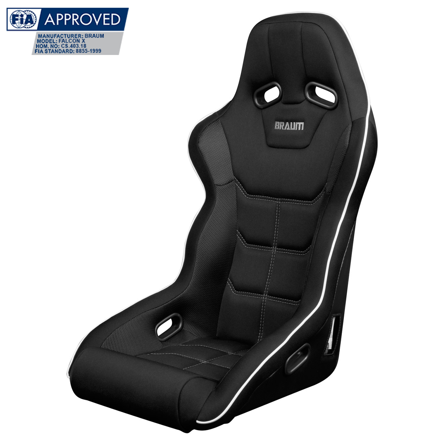 Braum ® - Black Cloth FIA Approved Fixed Back FALCON-X Series Racing Seat With White Piping (BRR8-BFWP) - Main Image