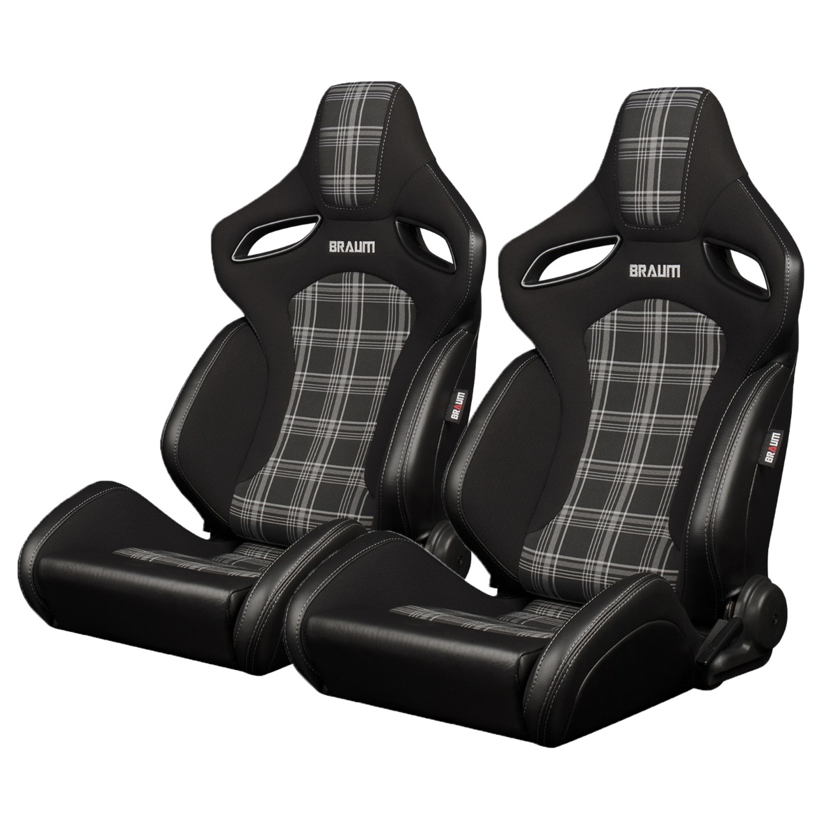 Braum ® - Black Leatherette & Grey Plaid Fabric W/ White Stitching ORUE-S Series Reclinable Racing Seats - Pair (BRR6S-GYPF) - Main Image