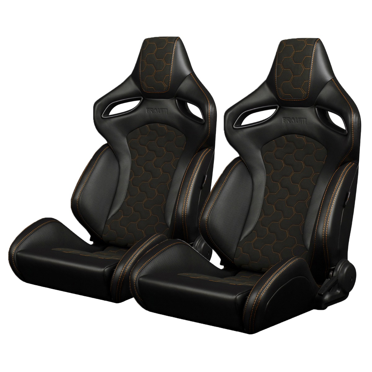 Braum ® - Black Leatherette & Honeycomb Alcantara W/ Orange Stitching ORUE-S Series Reclinable Racing Seats - Pair (BRR6S-HXOS) - Main Image
