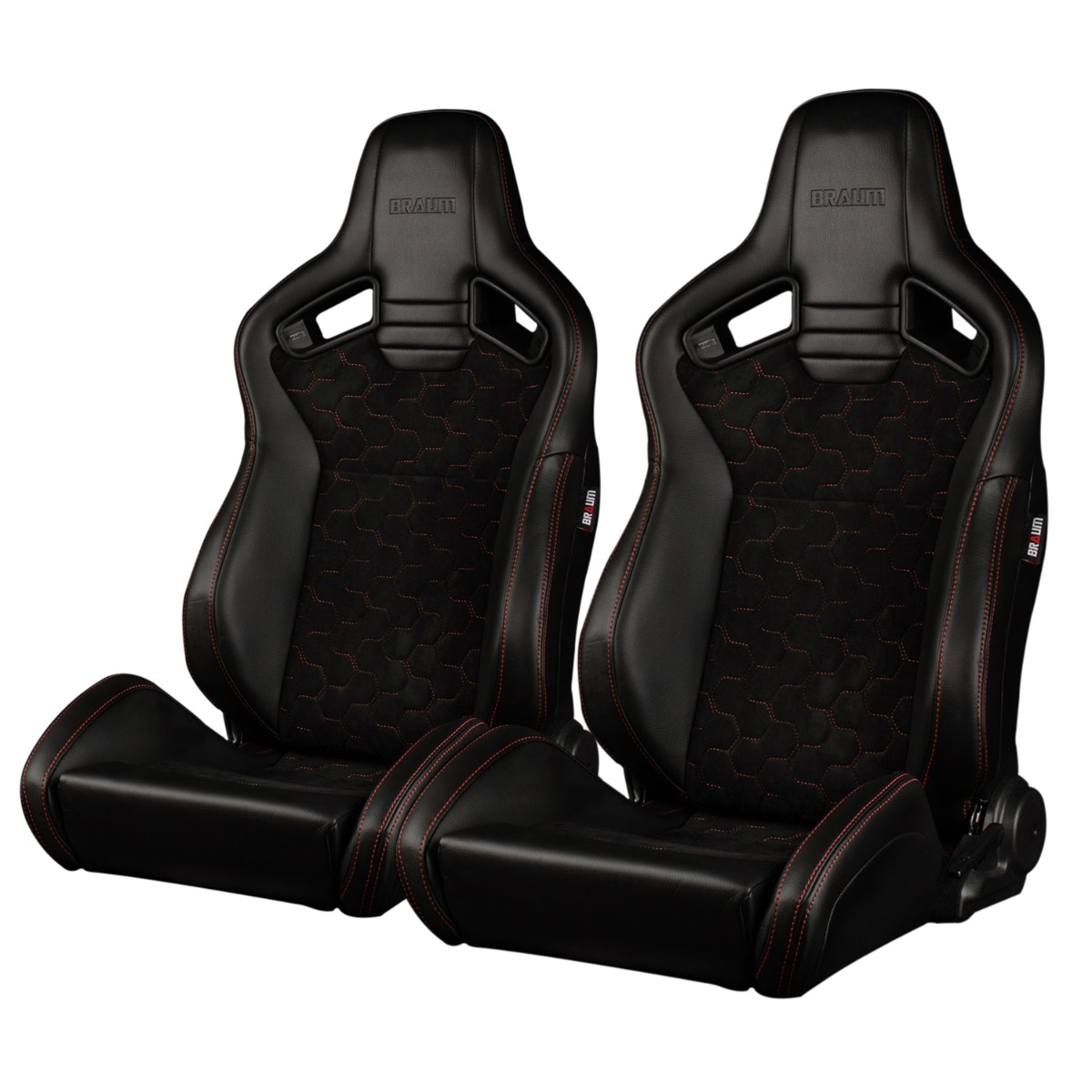 Braum ® - Black Leatherette & Honeycomb Suede W/ Red Stitching ELITE-V2 Series Reclinable Racing Seats - Pair (BRR1-HXRS2) - Main Image