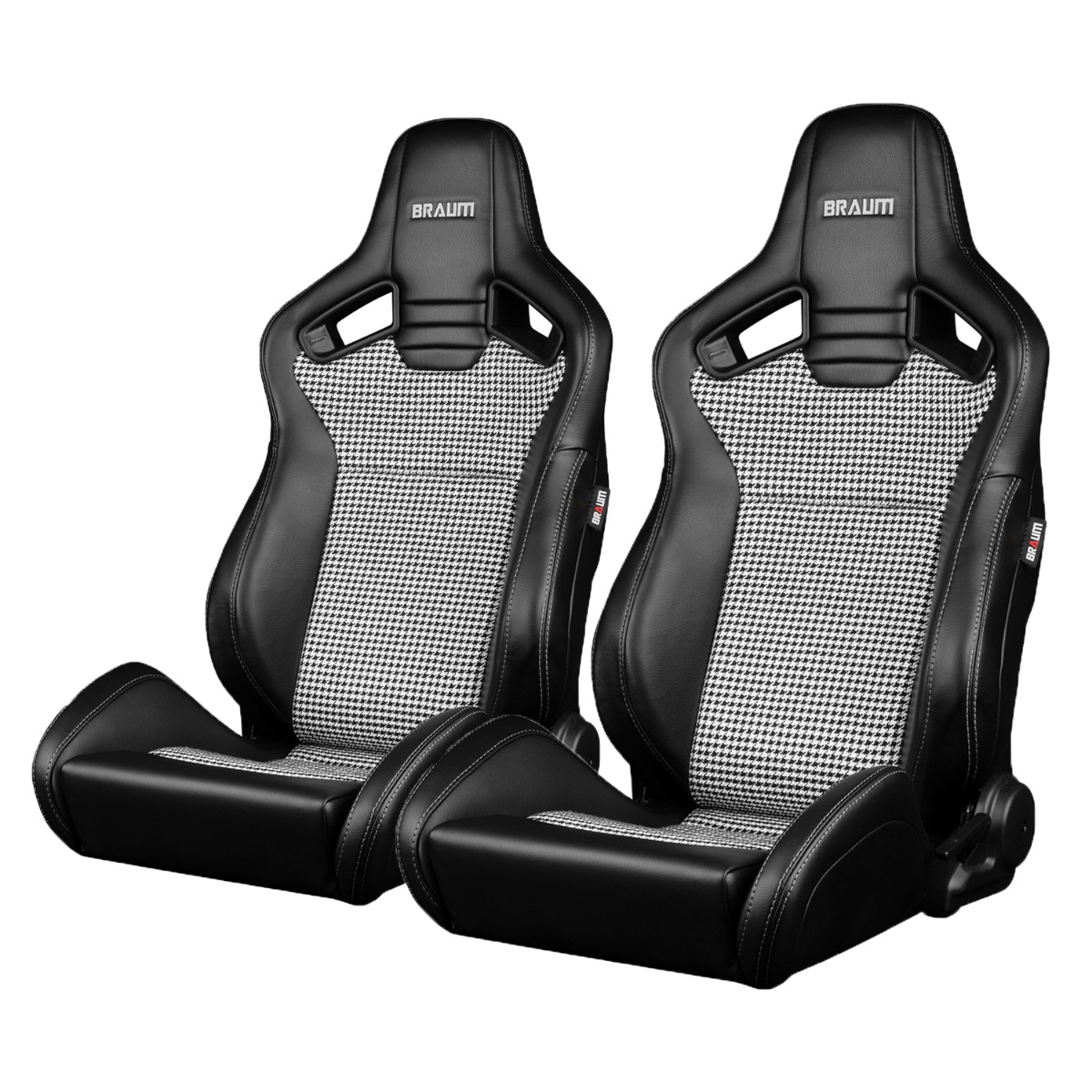 Braum ® - Black Leatherette & Houndstooth Fabric W/ White Stitching ELITE-V2 Series Reclinable Racing Seats - Pair (BRR1-BHGS2) - Main Image