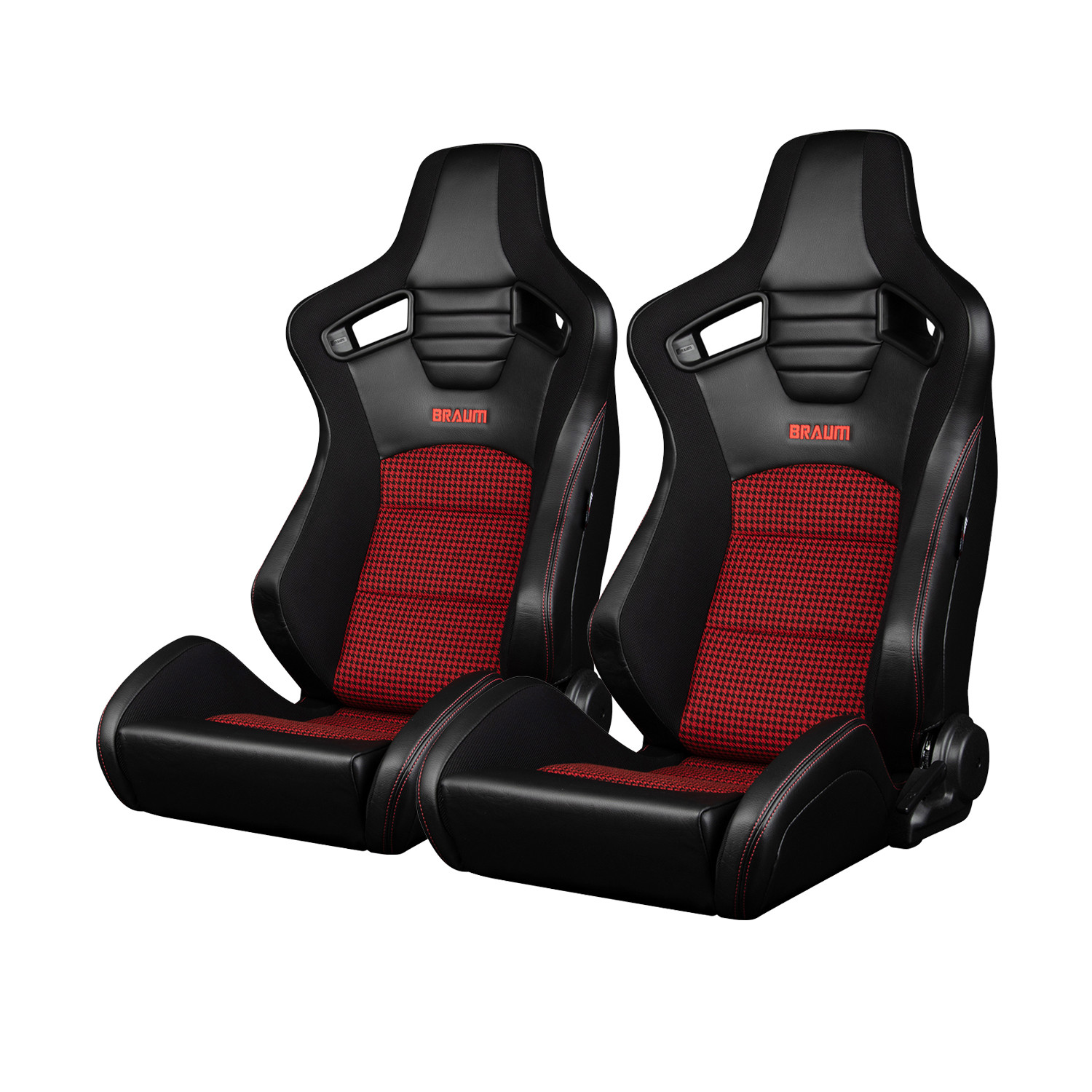 Braum ® - Black Leatherette & Red Houndstooth Fabric W/ Red Stitching ELITE-S Series Reclinable Racing Seats - Pair (BRR1S-BKRH) - Main Image