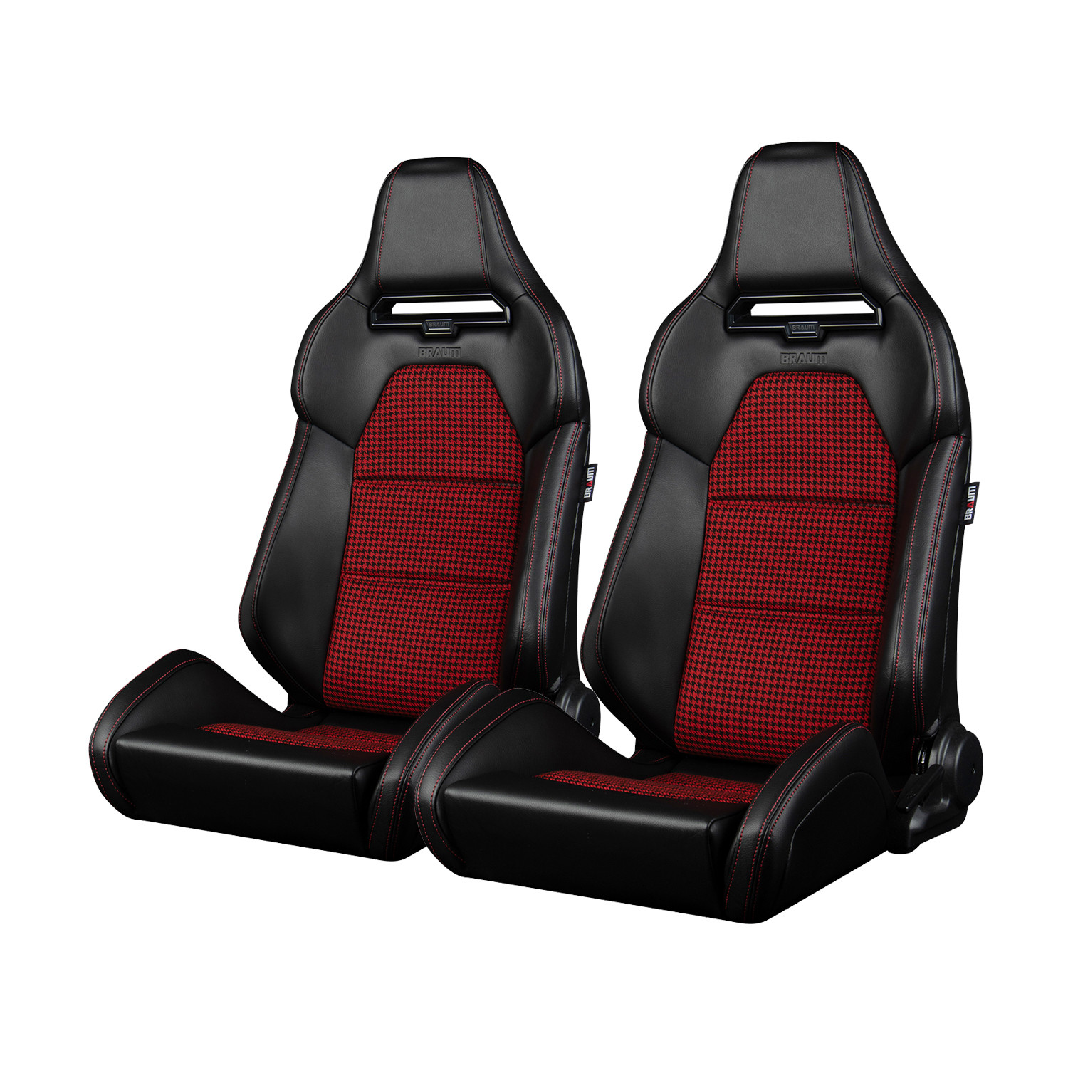 Braum ® - Black Leatherette & Red Houndstooth Fabric W/ Red Stitching VIPER-X Series Reclinable Racing Seats - Pair (BRR3-BKRH3) - Main Image