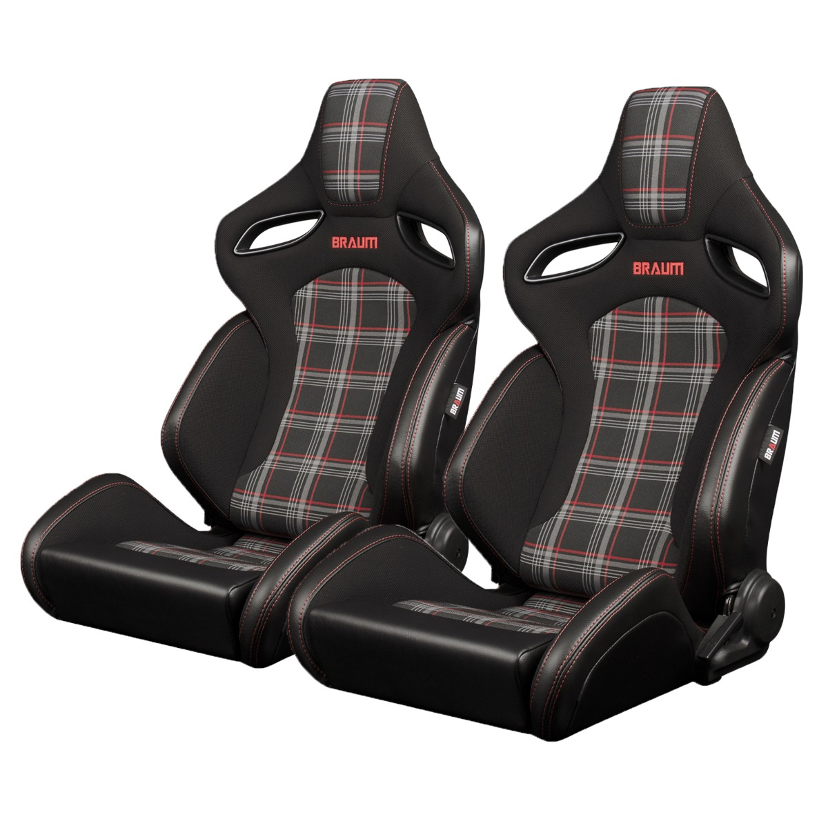 Braum ® - Black Leatherette & Red Plaid Fabric W/ Red Stitching ORUE-S Series Reclinable Racing Seats - Pair (BRR6S-RDPF) - Main Image
