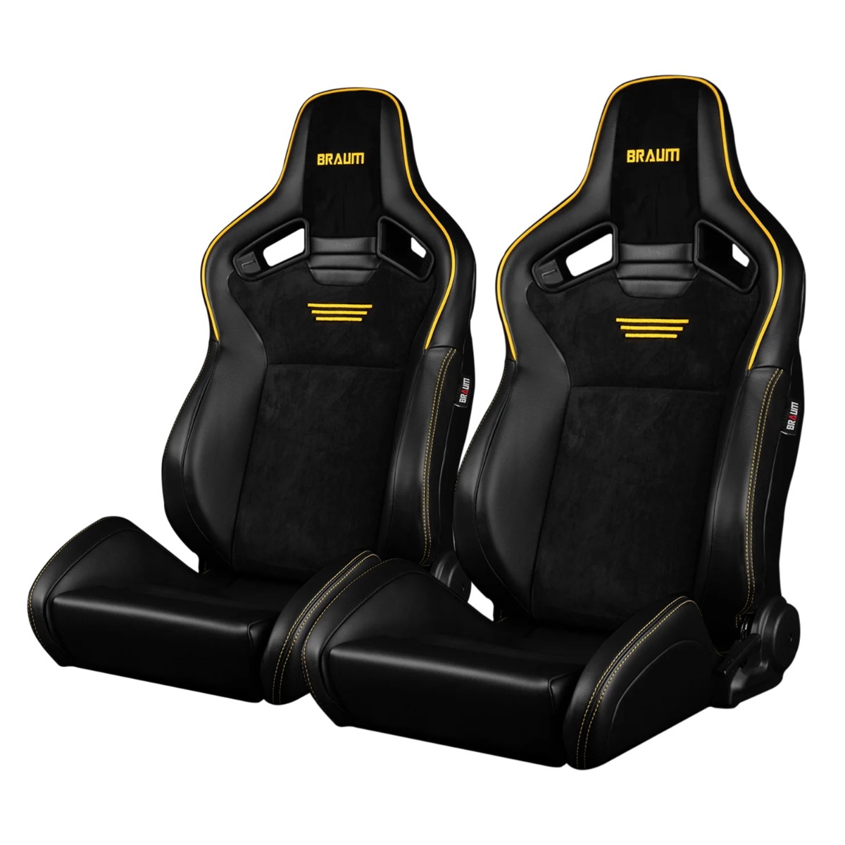 Braum ® - Black Leatherette & Suede W/ Yellow Piping & Stitching ELITE-V2 Series Reclinable Racing Seats - Pair (BRR1-BSYS2) - Main Image