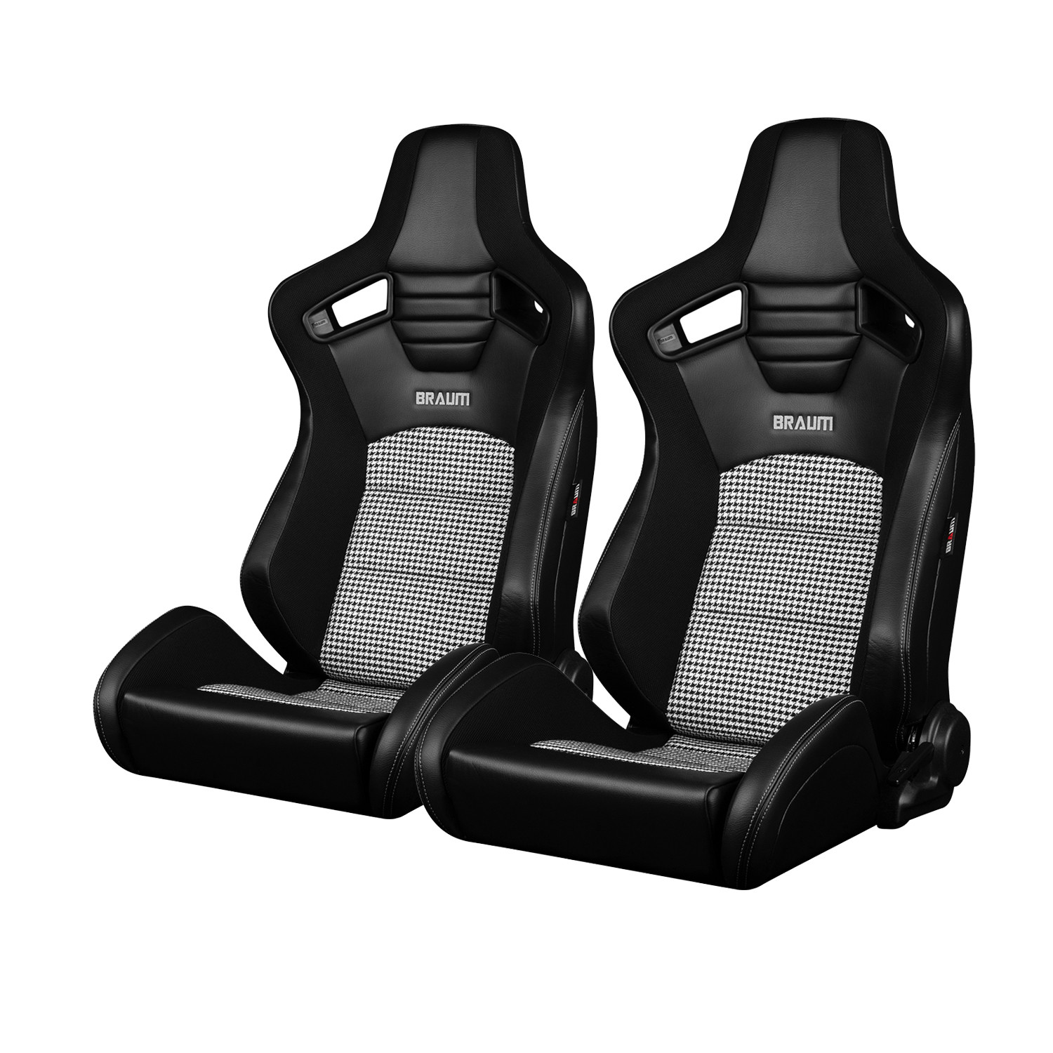 Braum ® - Black Leatherette & White Houndstooth Fabric W/ Grey Stitching ELITE-S Series Reclinable Racing Seats - Pair (BRR1S-BKBH) - Main Image