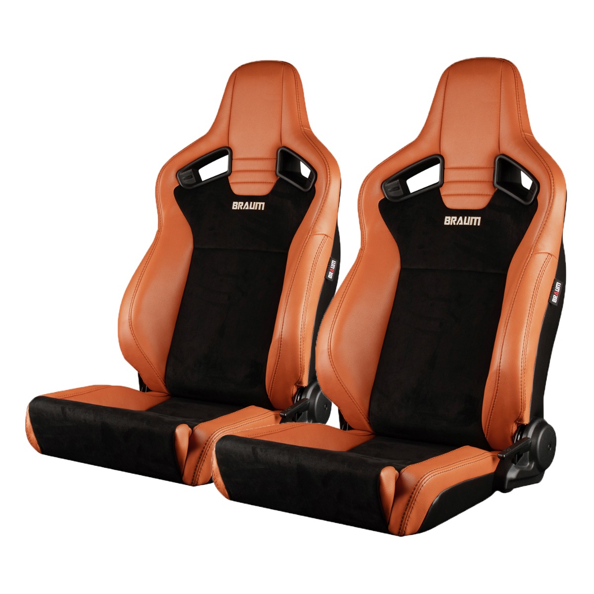 Braum ® - British Tan Leatherette & Black Suede With Black Stitching ELITE-V2 Series Low Base Reclinable Racing Seats - Pair (BRR1-BTLB2) - Main Image