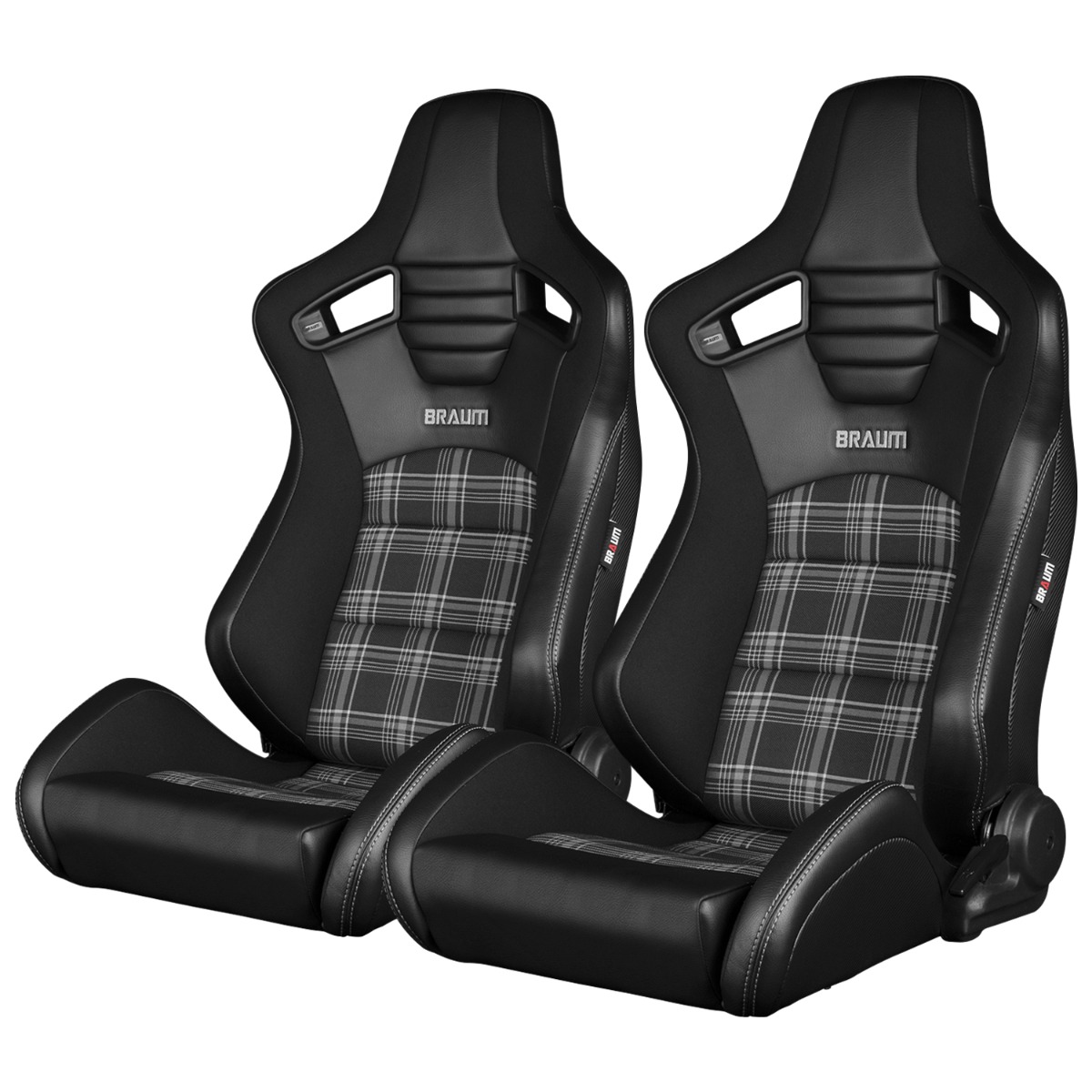 Braum ® - Pair of Black and Grey Plaid Fabric ELITE-S Series Racing Seats with Black Leatherette Inserts (BRR1S-GYPF) - Main Image