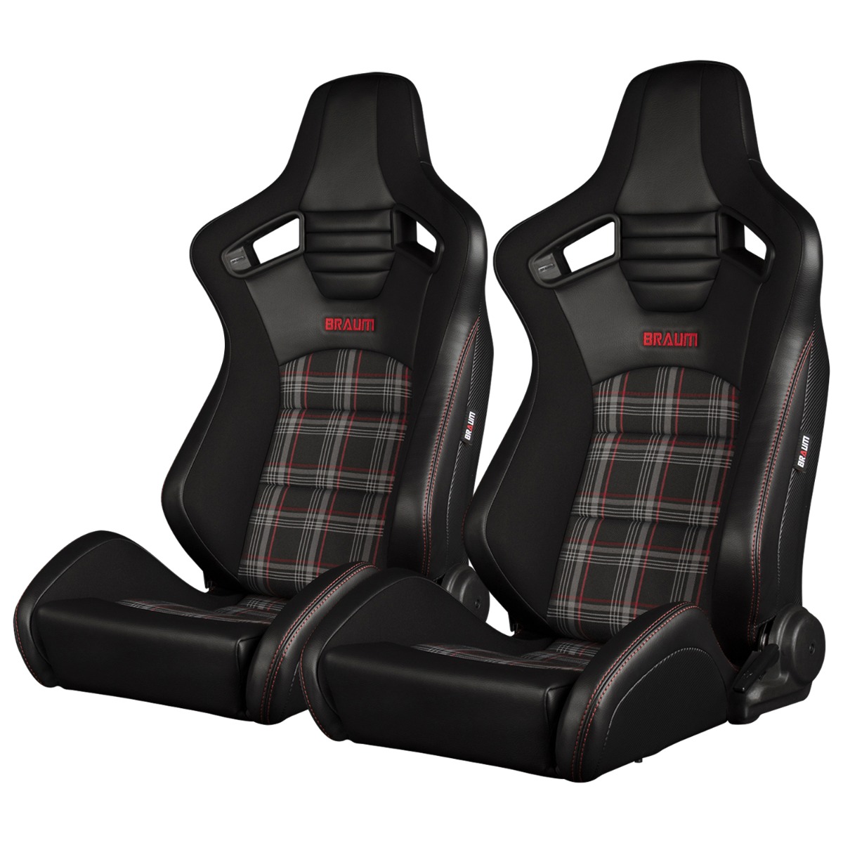 Braum ® - Pair of Black and Red Plaid Fabric ELITE-S Series Racing Seats with Black Leatherette Inserts (BRR1S-RDPF) - Main Image