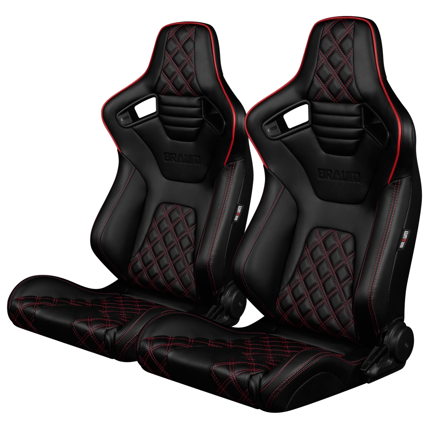 Braum ® - Pair of Black Diamond Leatherette ELITE-X Series Racing Seats with Red Piping and Stitches (BRR1X-BDDRS) - Main Image