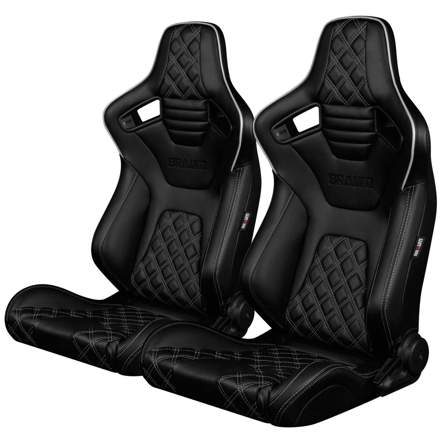 Braum ® - Pair of Black Diamond Leatherette ELITE-X Series Racing Seats with White Piping and Stitches (BRR1X-BDDWS) - Main Image