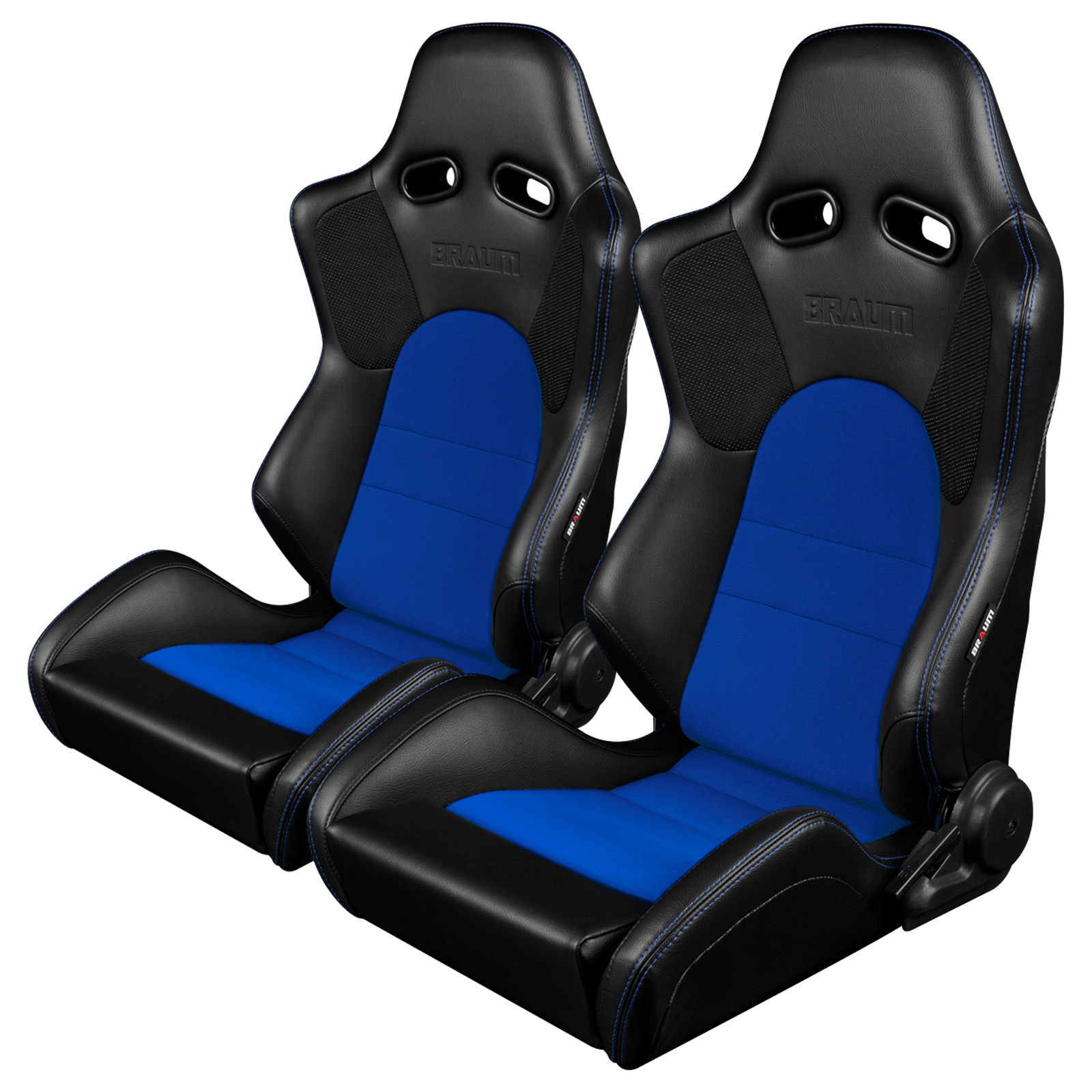 Braum ® - Pair of Black Leatherette ADVAN Series Racing Seats with Blue Fabric Inserts and Blue Stitches (BRR2-BKBU) - Main Image