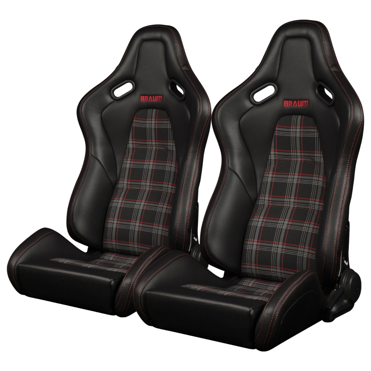 Braum ® - Pair of Black Leatherette and Plaid Fabric FALCON-S Series Reclinable Composite Seats with Red Stitching (BRR9R-RPRS) - Main Image