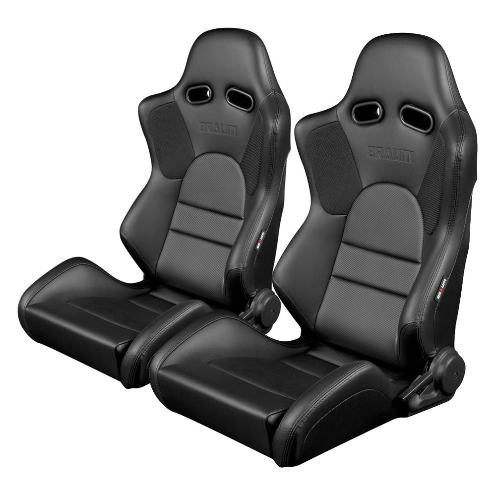 Braum ® - Pair of Black Leatherette Carbon Fiber Mixed ADVAN Series Racing Seats with Black Fabric Inserts and Black Stitches (BRR2-BKBK) - Main Image