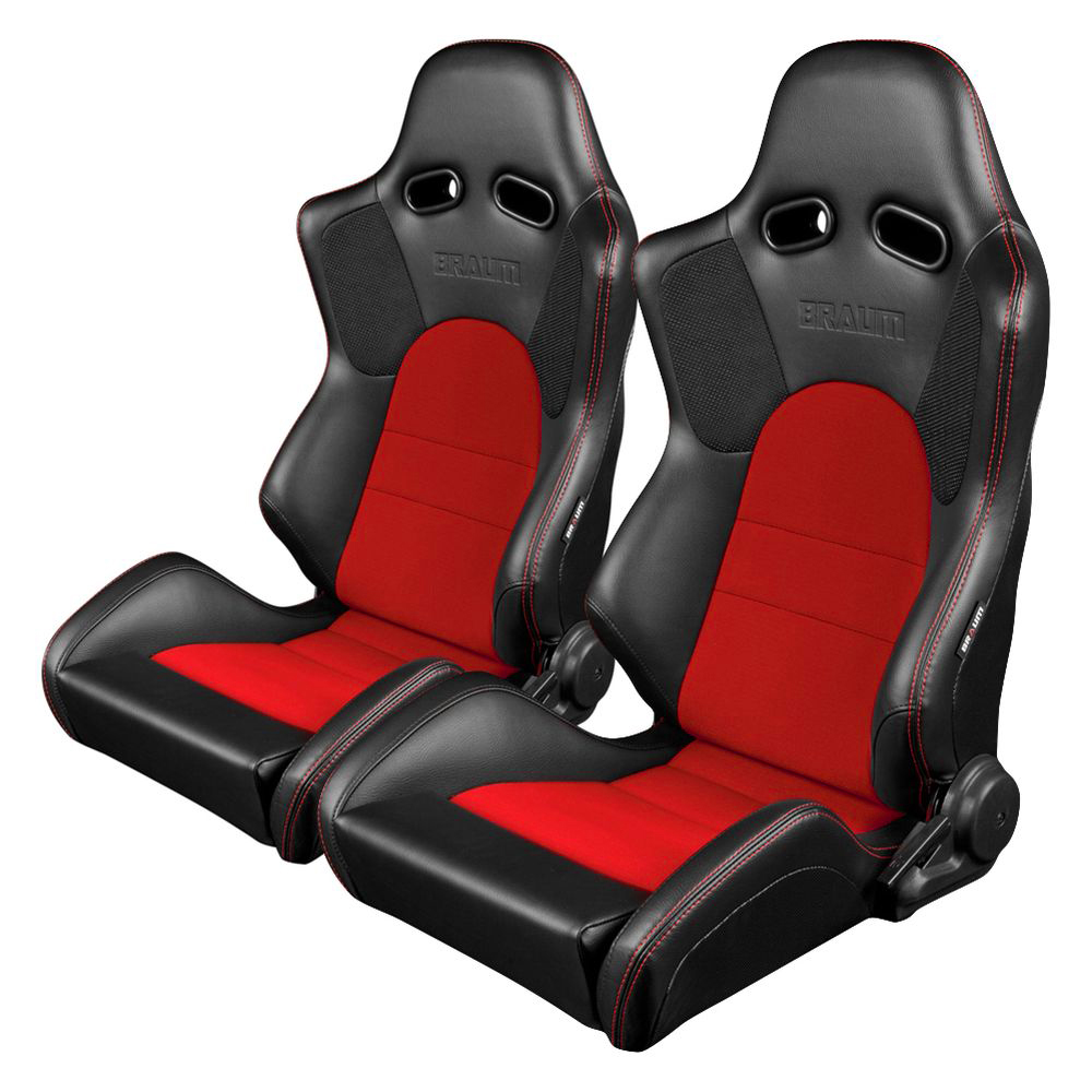 Braum ® - Pair of Black Leatherette Carbon Fiber Mixed ADVAN Series Racing Seats with Red Fabric Inserts and Red Stitches (BRR2-BKRD) - Main Image
