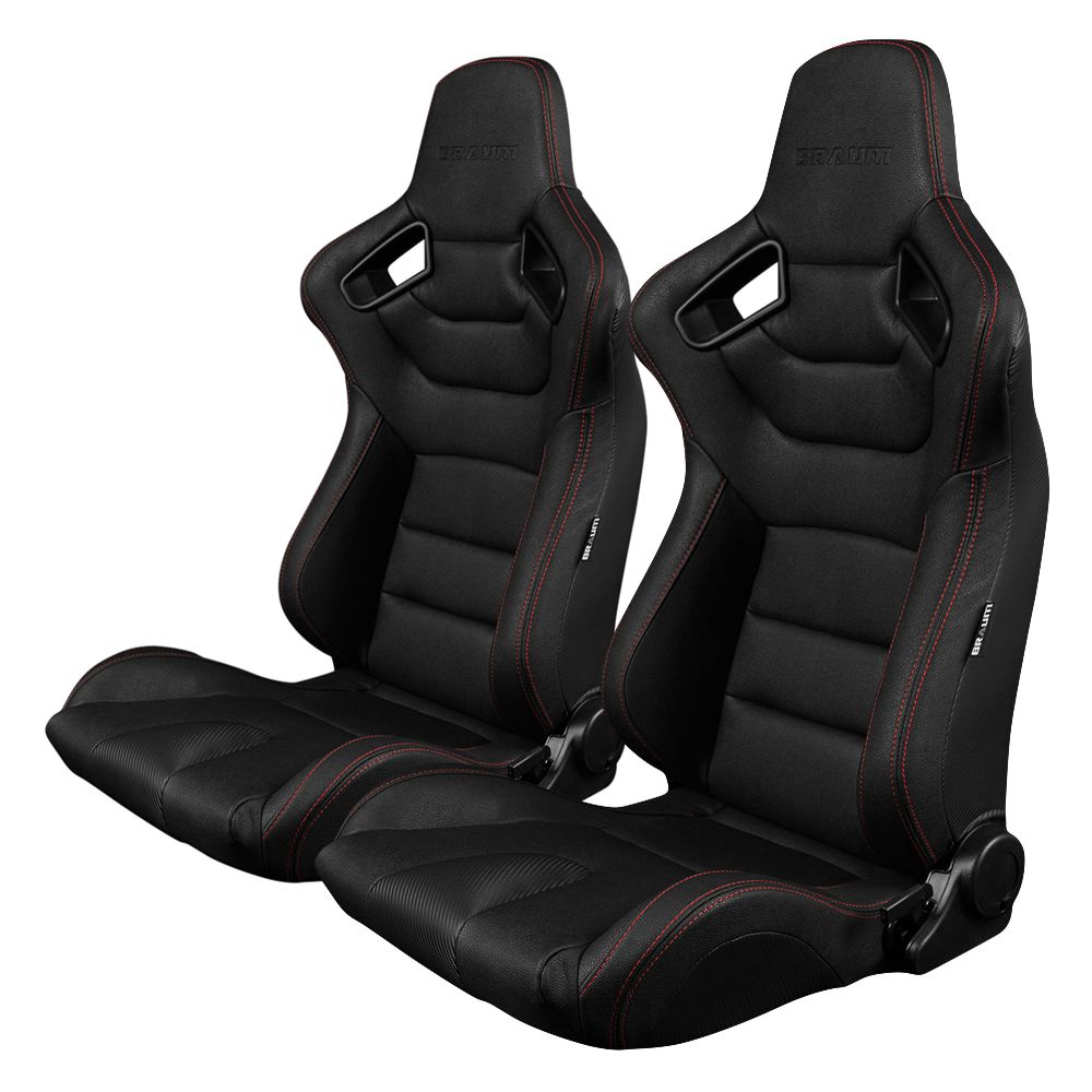Braum ® - Pair of Black Leatherette Carbon Fiber Mixed ELITE Series Racing Seats with Red Stitches (BRR1-BKRS) - Main Image