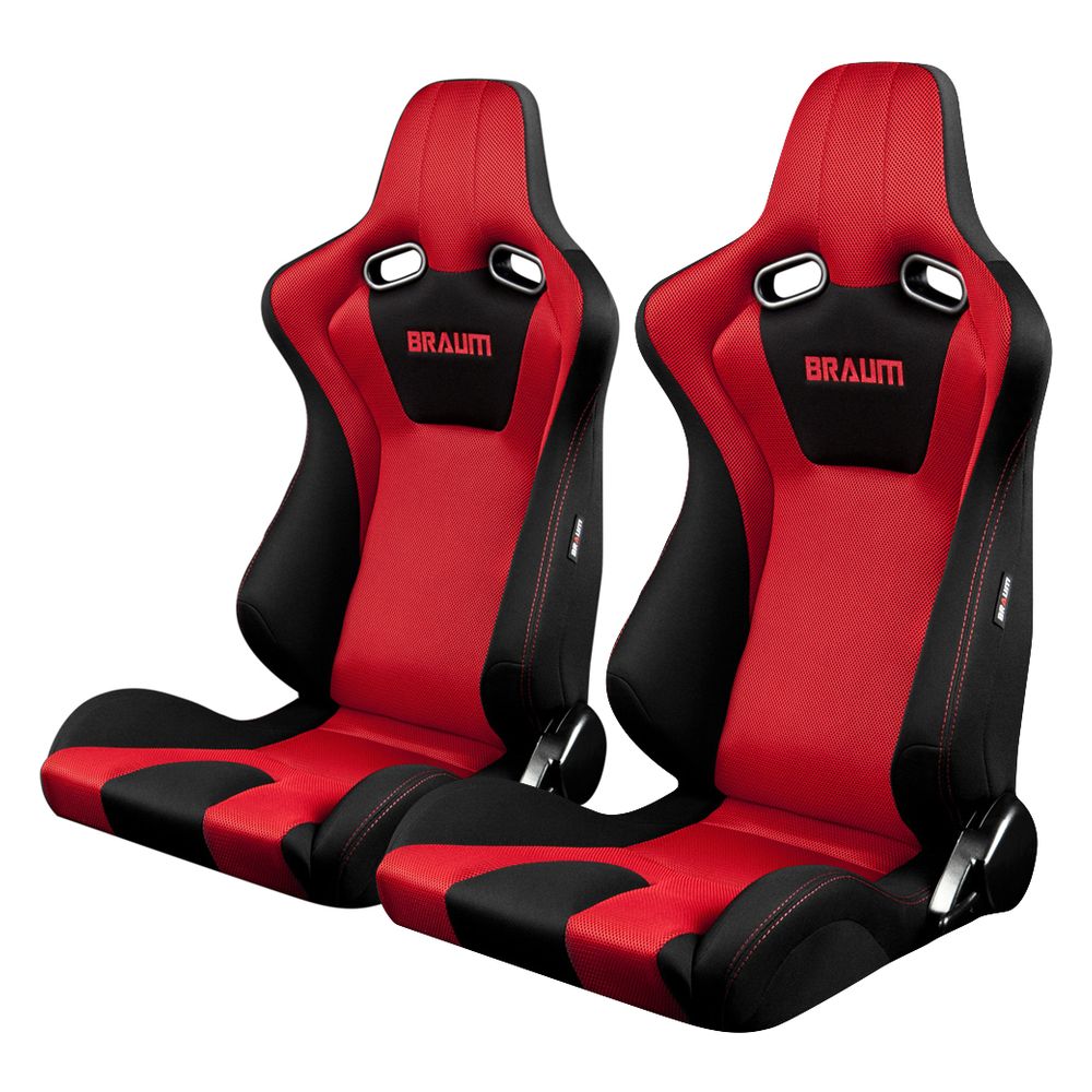 Braum ® - Pair of Black-Red Fabric Mesh Mixed VENOM Series Racing Seats with Red Stitches (BRR7-BKRD) - Main Image