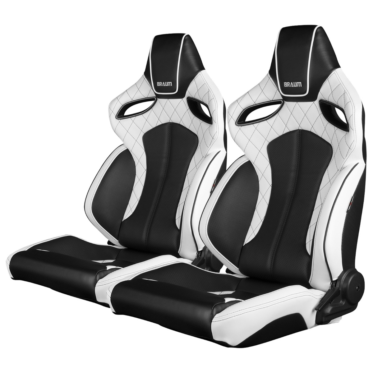 Braum ® - Pair of Black/White Leatherette ORUE Series Racing Seats Diamond Ed. With Black Stitching and Black/White Piping (BRR6-WDBS) - Main Image