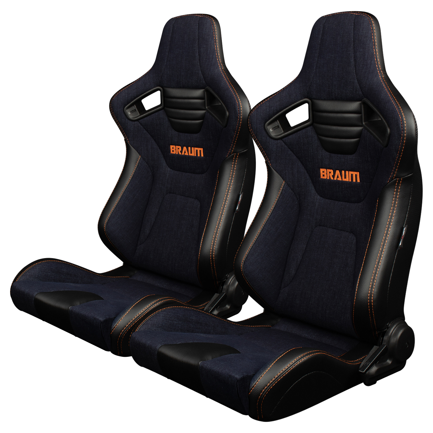 Braum ® - Pair of Navy Denim ELITE-X Series Racing Seats With Leatherette Inserts and Orange Stitching (BRR1X-NDOS) - Main Image