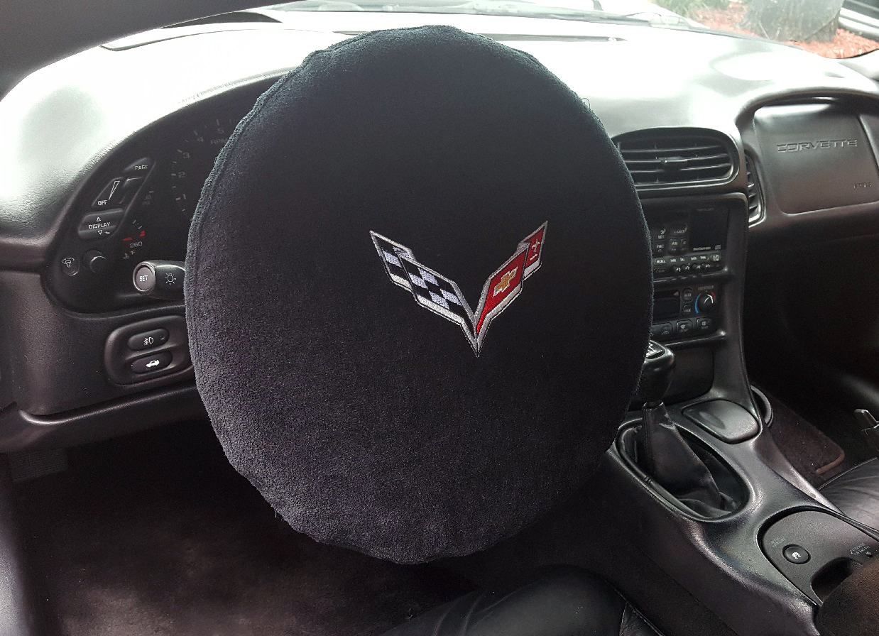 Seat Armour ® - Black Universal Steering Wheel Protector with Corvette C7 Embroidery (SWA100COR7) - Main Image