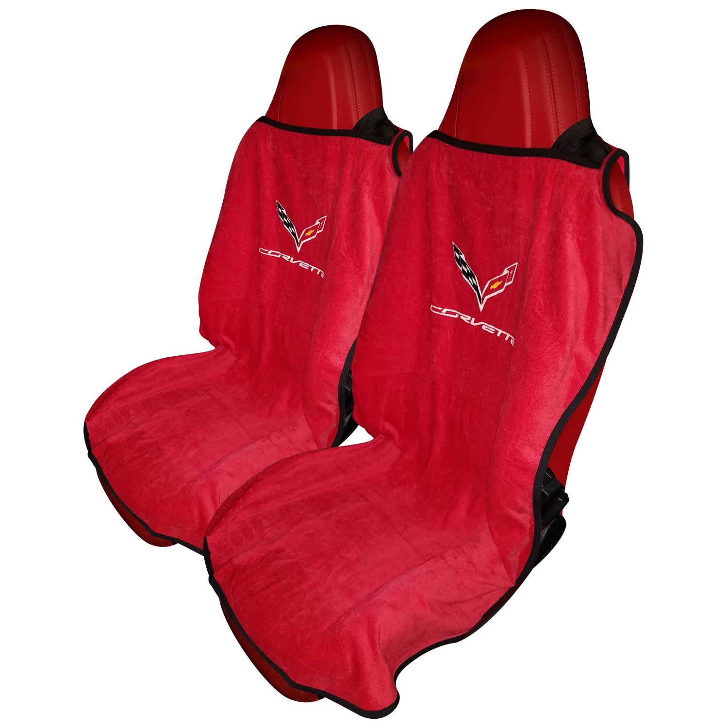 Seat Armour ® - Pair of Adrenalin Red Towel Seat Covers with Corvette C7 Logo (SA100COR7R) - Main Image