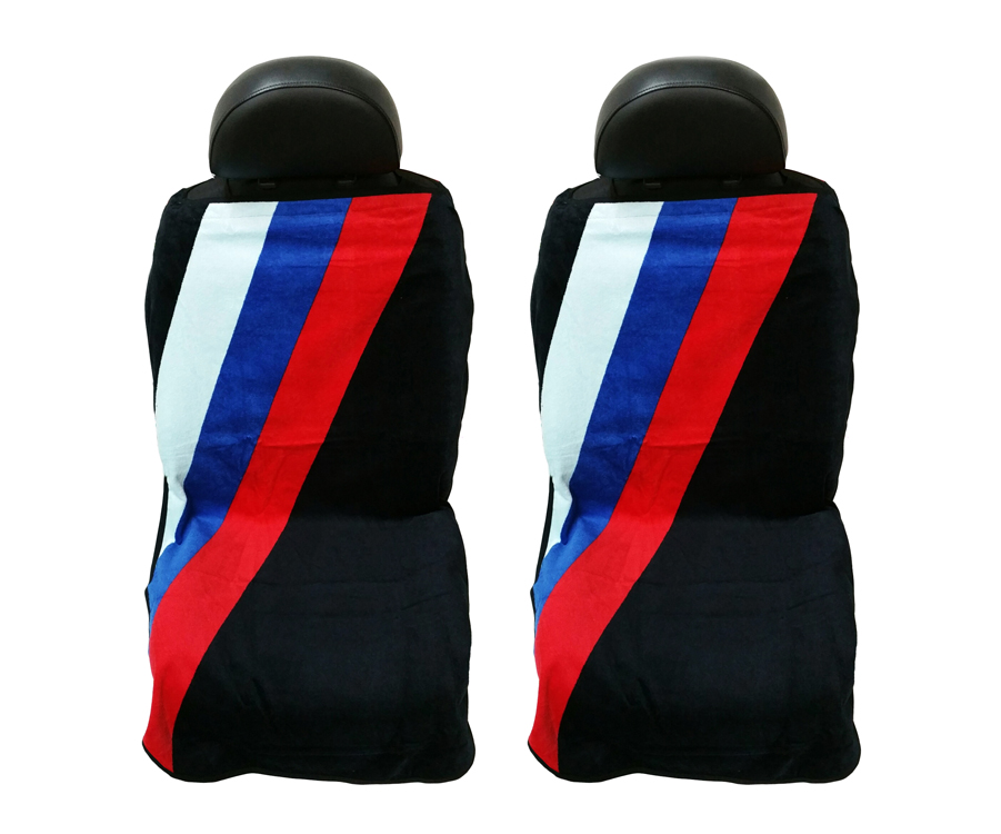 Seat Armour ® - Pair of Black Towel Seat Covers with BMW Three Stripes (SA100STRIPE) - Main Image