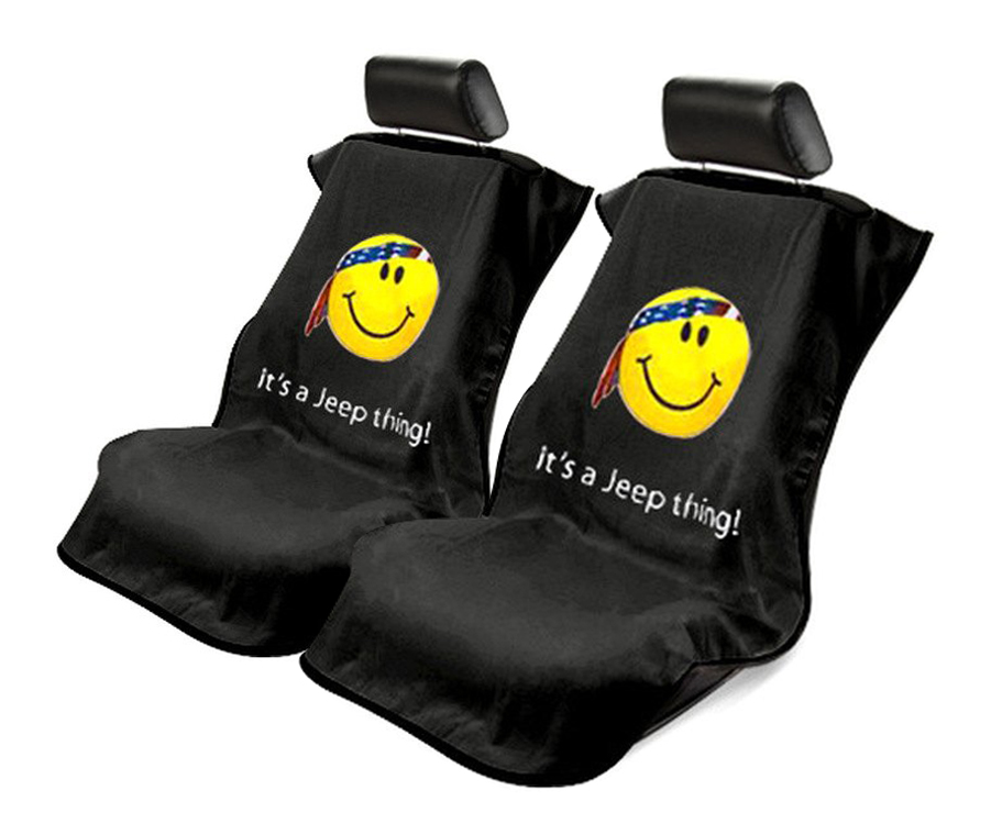 Seat Armour ® - Pair of Black Towel Seat Covers with Jeep Smiley Face Logo (SA100JEPSFB) - Main Image