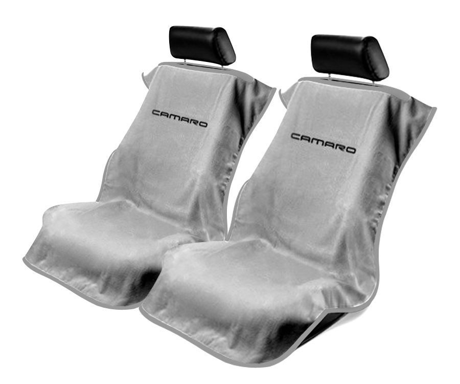 Seat Armour ® - Pair of Grey Towel Seat Covers with New Camaro Logo (SA100NCAMG) - Main Image