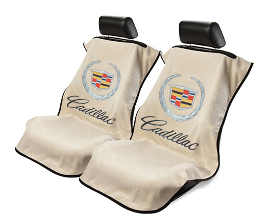 Seat Armour ® - Pair of Tan Towel Seat Covers with Cadillac Crest and Script (SA100CADT) - Main Image