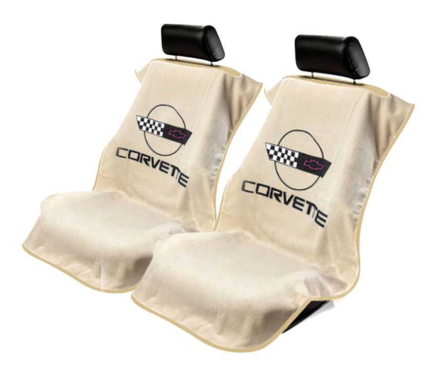 Seat Armour ® - Pair of Tan Towel Seat Covers with Corvette C4 Logo (SA100COR4T) - Main Image