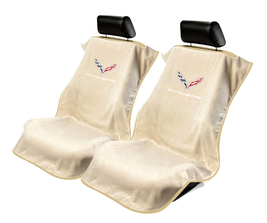 Seat Armour ® - Pair of Tan Towel Seat Covers with Corvette C7 Logo (SA100COR7T) - Main Image