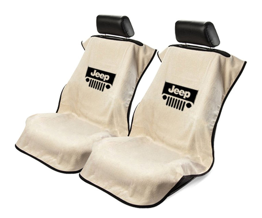 Seat Armour ® - Pair of Tan Towel Seat Covers with Jeep with Grille Logo (SA100JEPGT) - Main Image